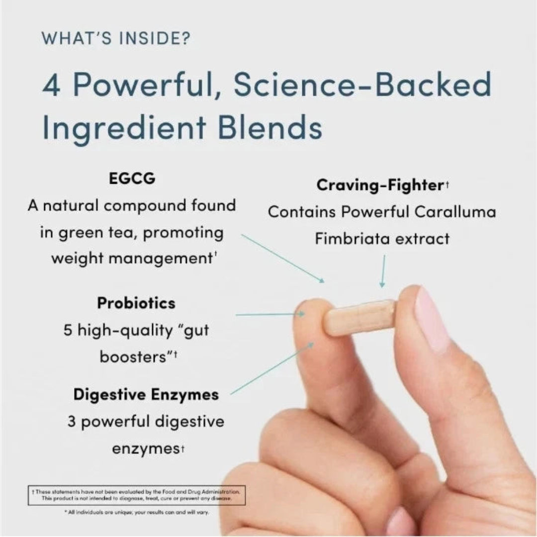 Product packaging with text about ingredients and a hand holding a pill.