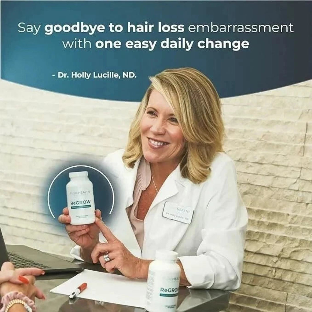 Woman in a white coat holding a bottle labeled 'ReGrow' with text about hair loss solutions.