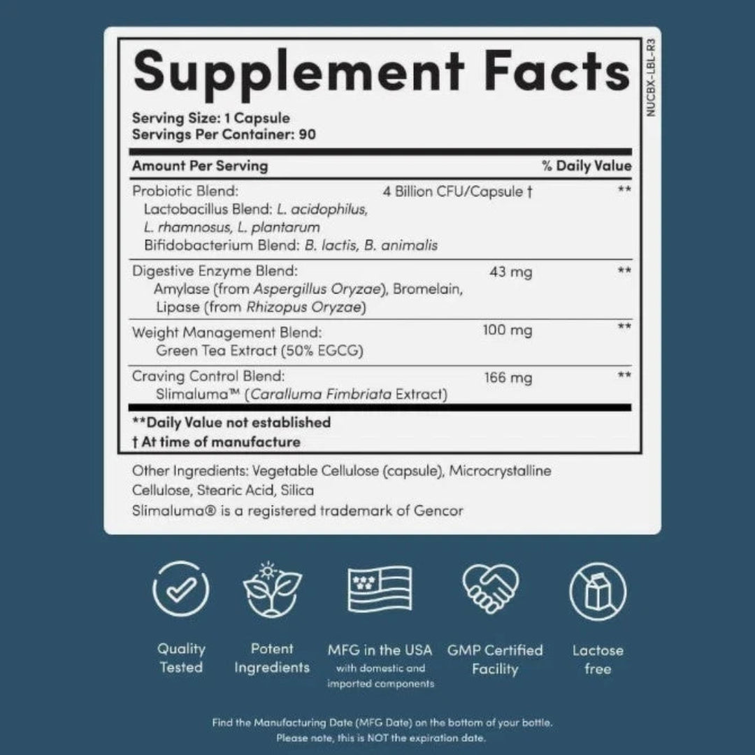 Supplement facts label with various health benefits icons on a blue background