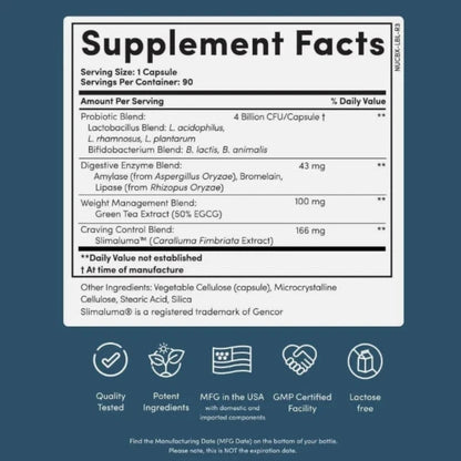 Supplement facts label with various health benefits icons on a blue background