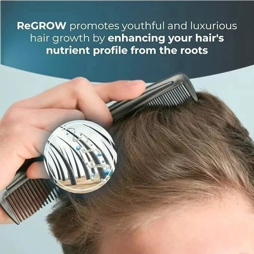 Person using a hair growth product on their head with text about ReGROW promoting youthful hair growth.