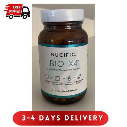 Nucific Bio-X4 supplement bottle with free shipping and delivery text on a white background