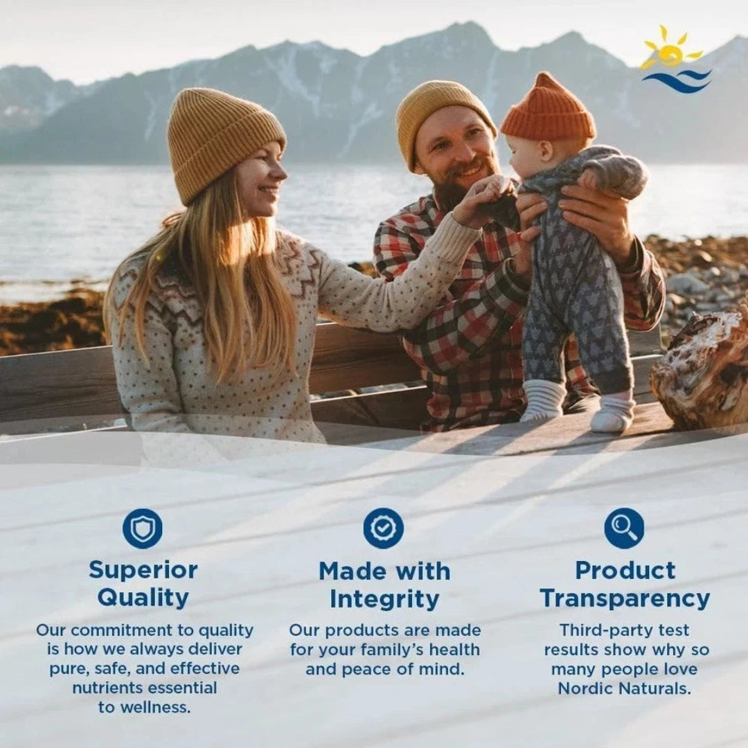 Family by a lake with mountains in the background, featuring Nordic Naturals logo.