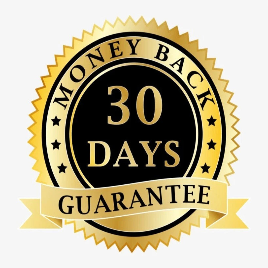 Gold and black 'Money Back 30 Days Guarantee' label on a white background
