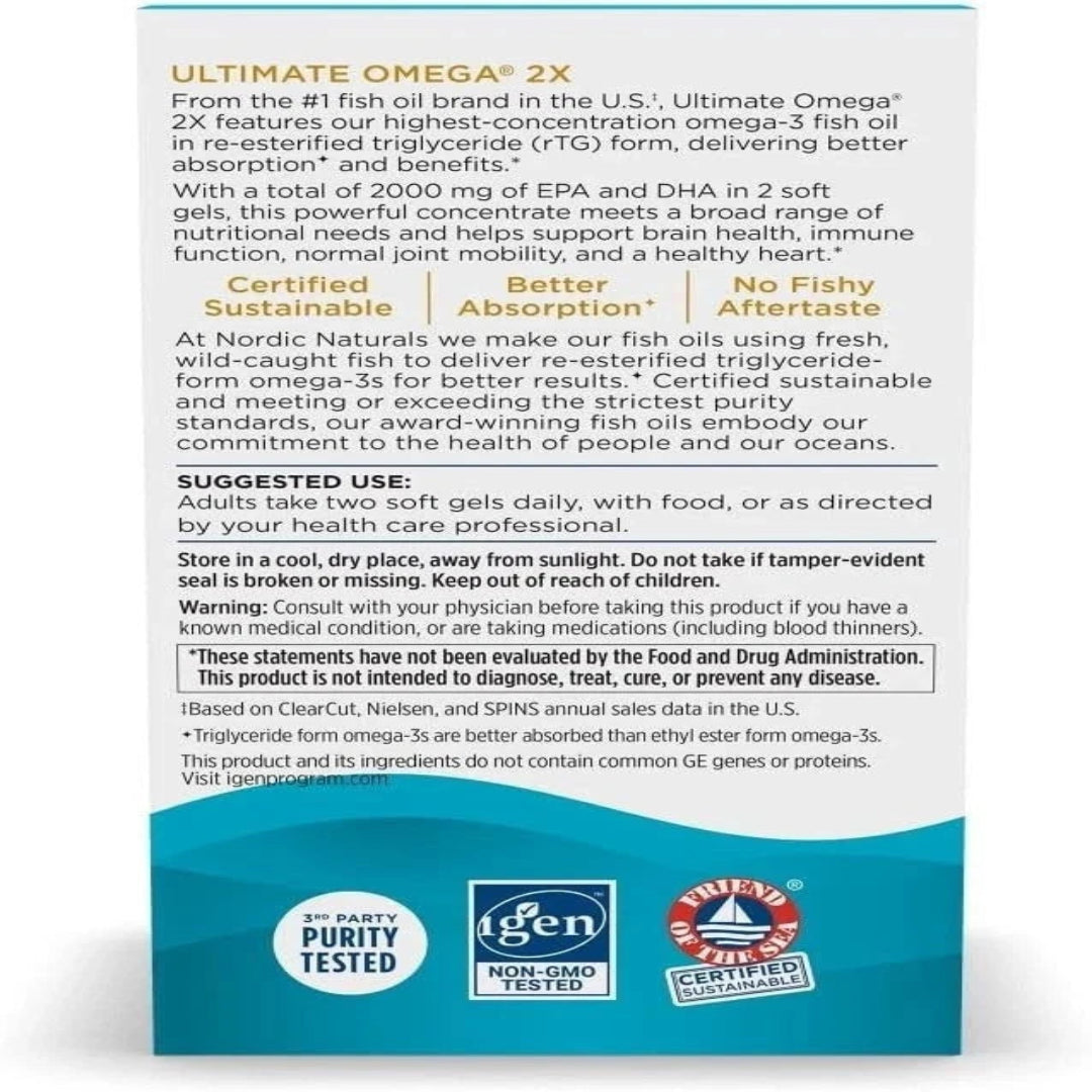 Nordic Naturals Ultimate Omega 2X supplement packaging with text and logos on a white background