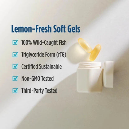 Lemon-fresh soft gels with certification details on a white background