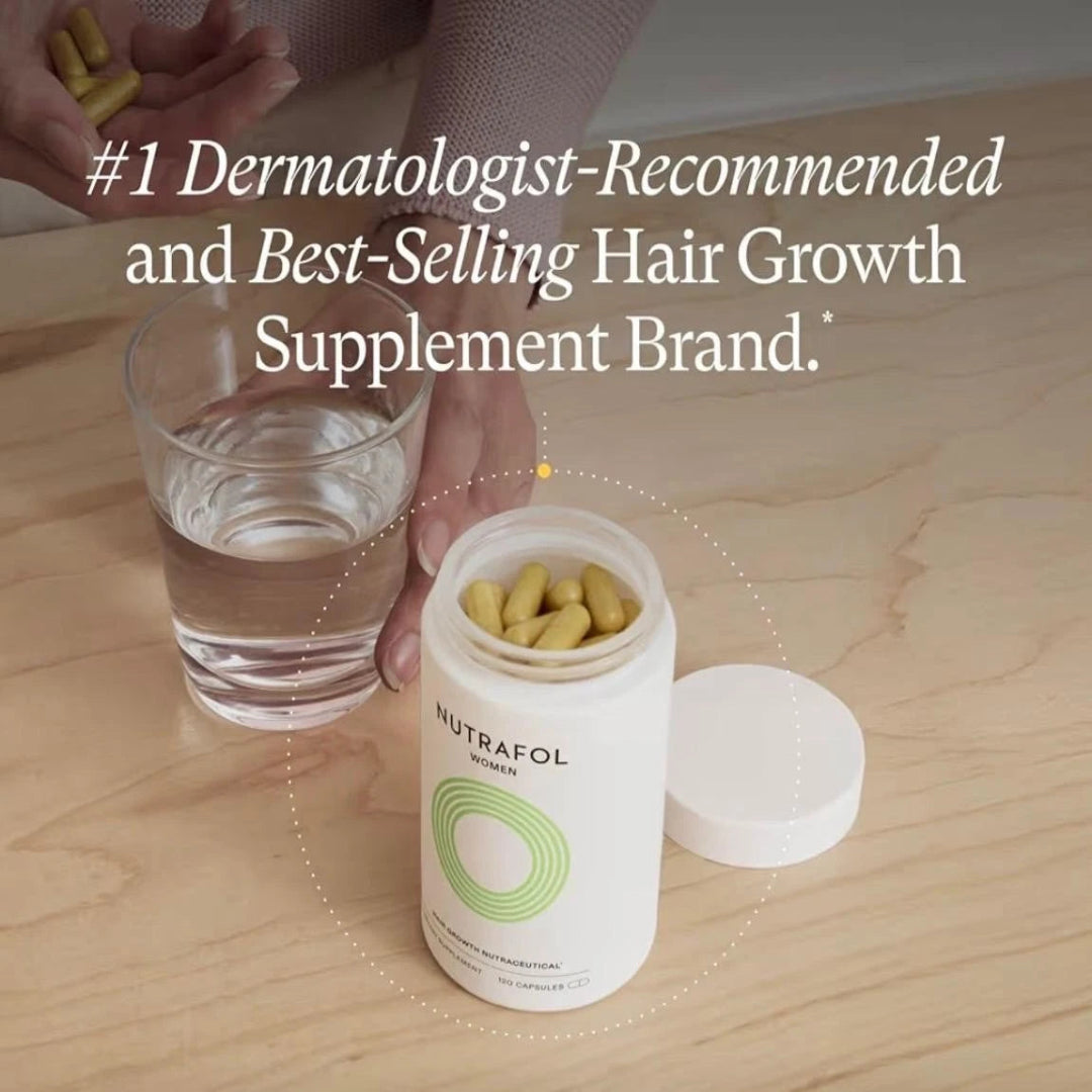 Nutrafol hair growth supplement bottle with pills and water on a wooden surface, labeled as a dermatologist-recommended brand.