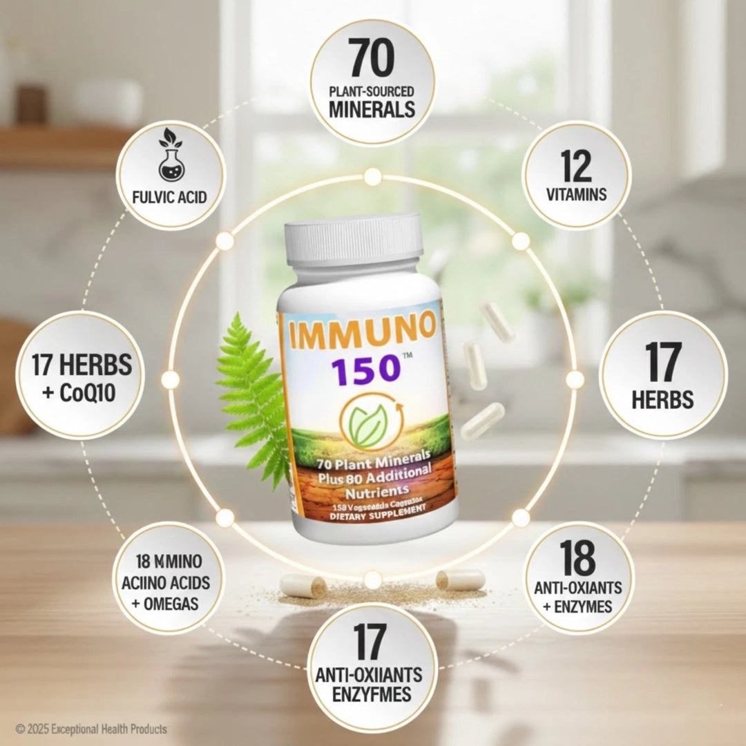 Immuno 150 supplement bottle with health benefits listed on a blurred indoor background