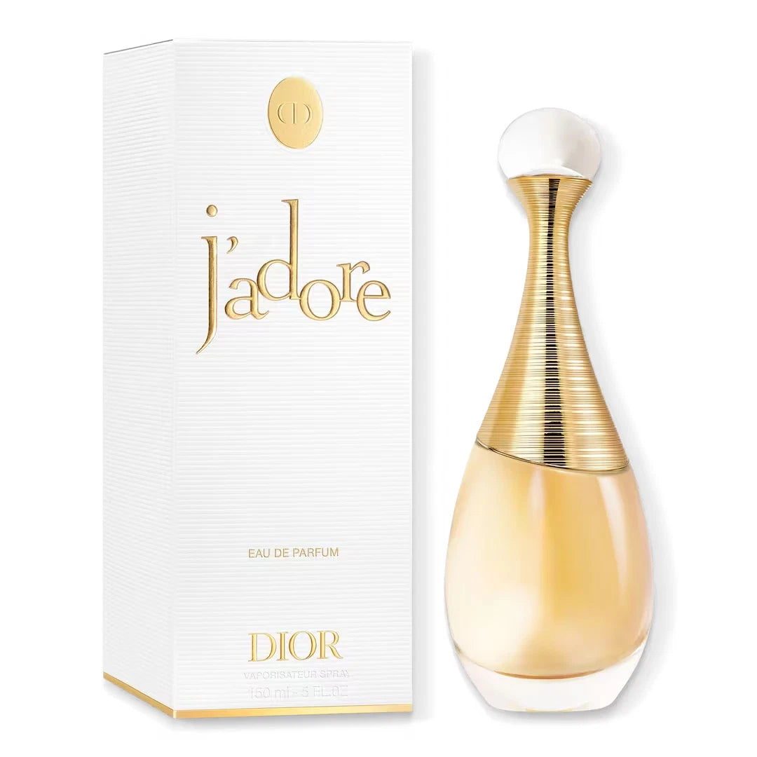 Dior j'adore perfume bottle and packaging on a white background