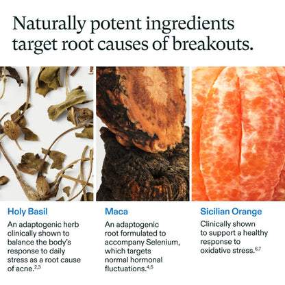 Advertisement for naturally potent ingredients targeting acne causes with images of Holy Basil, Maca, and Sicilian Orange.