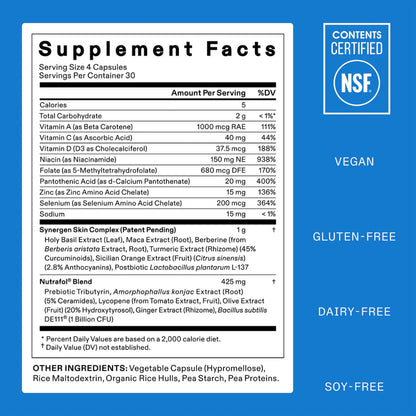 Supplement facts label with NSF certification logo on a blue background