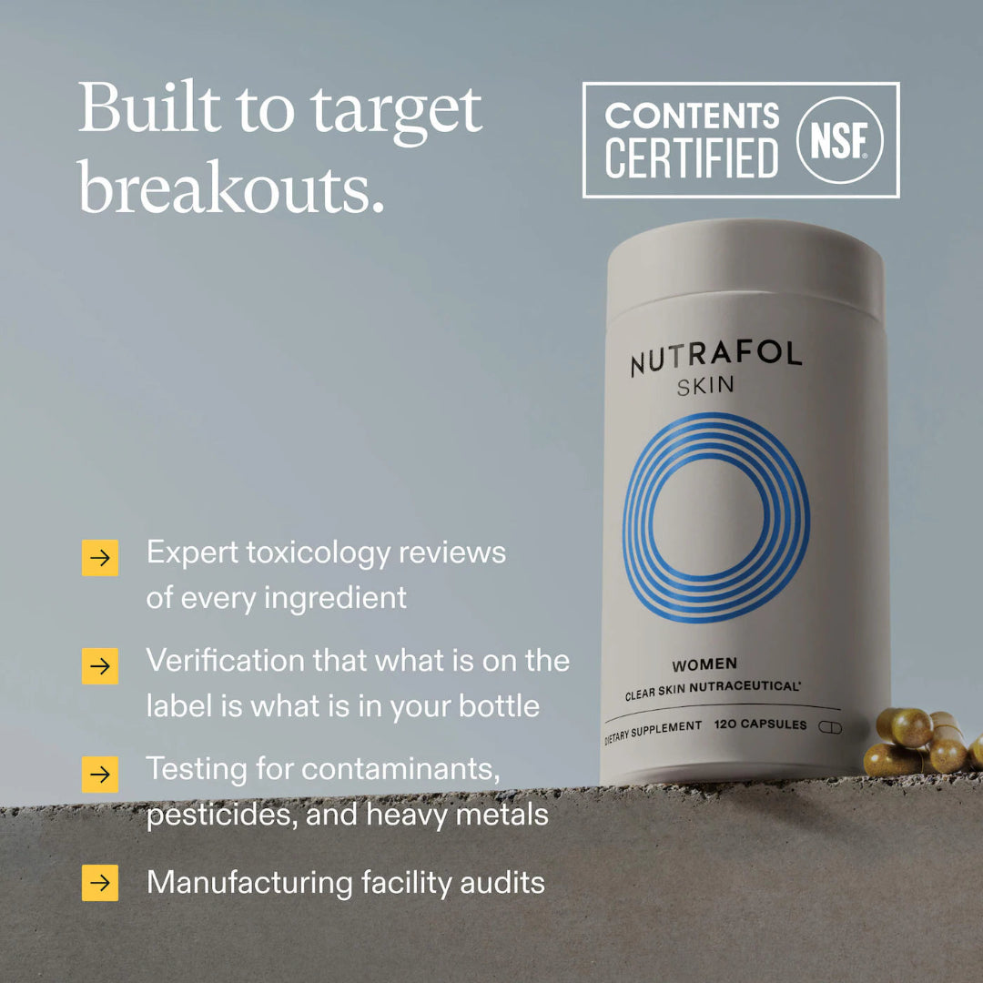 Nutrafol supplement container with certification details on a gray background